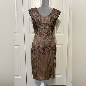 NWT Sue Wong Embroidered Lace Sheath Beaded Cocktail Dress Taupe  Sz 8